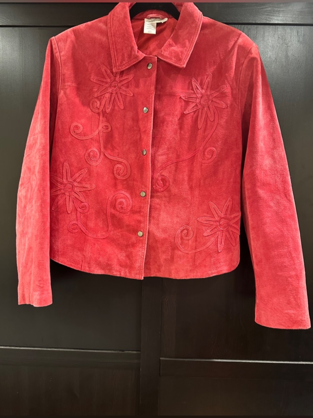 Coldwater Creek Red Suede Floral Embossed Snap Jacket